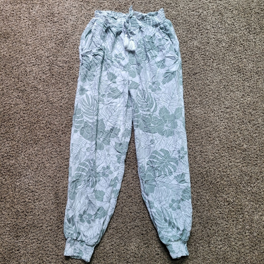 Ocean Drive Womens Jogger Sweatpants S Green White Drawstring Palm Floral Lounge